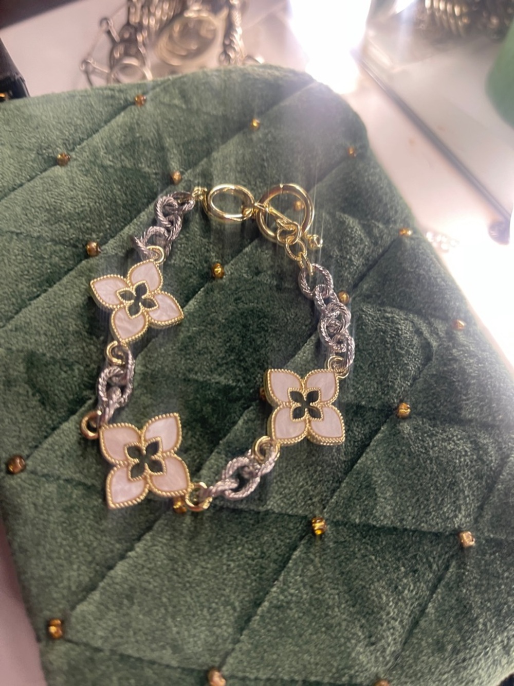 Gold & Pink Floral Link Bracelet - Women Jewelry